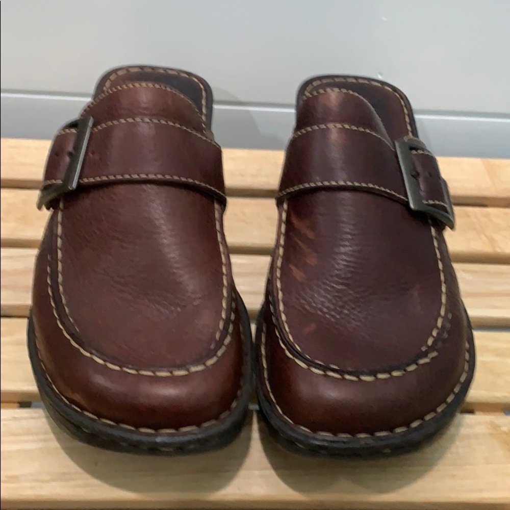 Brown Leather Slip-On Clog with Buckle - Women's